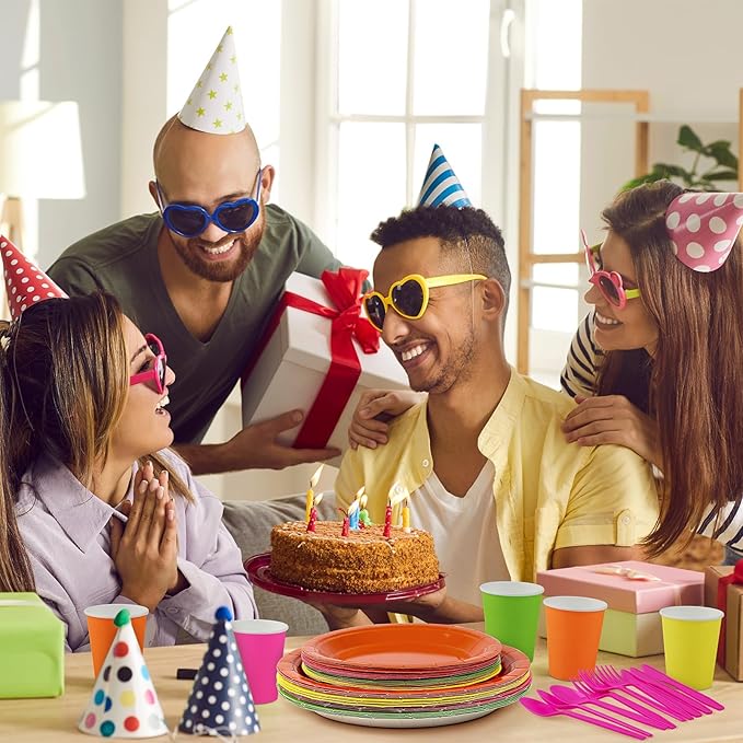 durony 192 Pcs Neon Party Supplies Paper Plates Cups Napkins Hard Plastic Cutlery Forks Knives Spoons Disposable Glow Party Tableware for Fiesta Neon Birthday Party Favor Decorations Serves 24 Guests