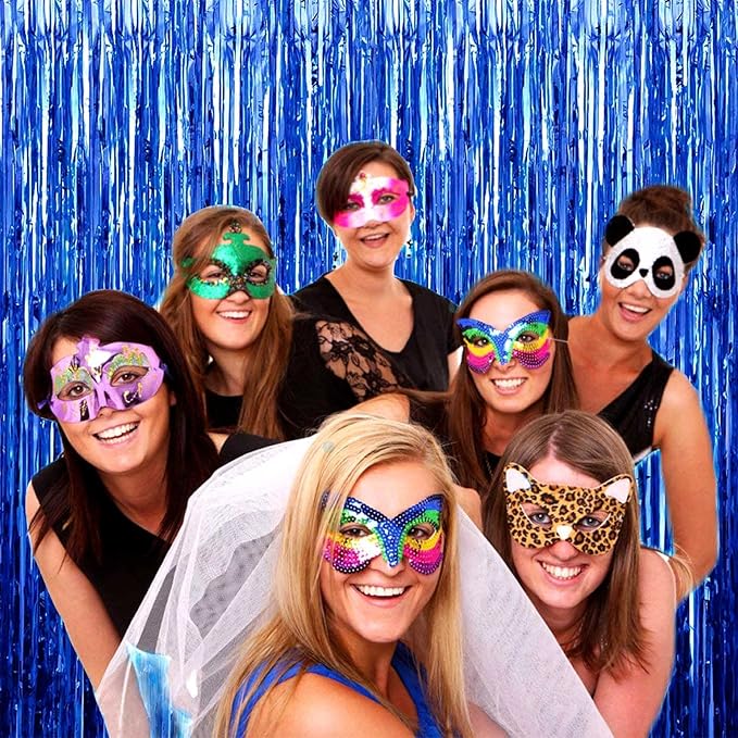 4 Pack Blue Foil Fringe Curtain Backdrop, 3.28Ftx8.2Ft Metallic Tinsel Streamers for Sea Party, Photo Booth Props, Birthday, 2022 Summer Ocean Theme Party Decoration Supplies