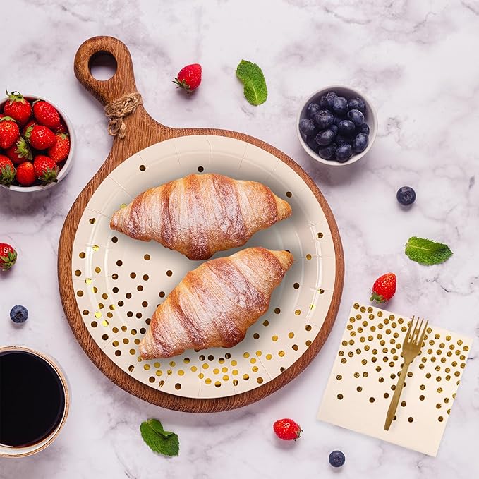 90PCS Pink and Gold Paper Plates Napkins Set, Disposable Gold Dot Party Plates with Napkins Forks Dessert Dinnerware Party Supplies for Wedding, Graduation, Festivals