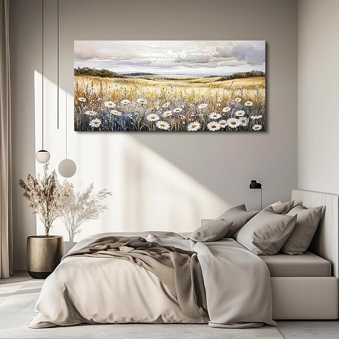 ZUITINGHUA Large Wall Decor For Living Room Canvas Wall Art For Office Modern Wall Decorations For Bedroom White Flower Landscape Painting Grassland Pictures Artwork Room Home Decor 24x48 In