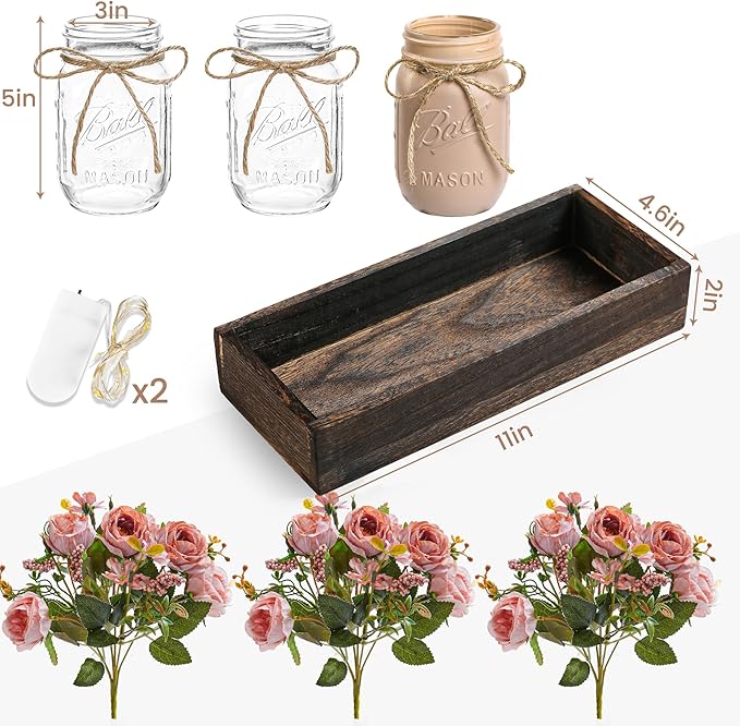 3 Pcs Mason Jar Centerpiece Table Decorations for Dining Table Decor Farmhouse Coffee Table Decor with Wood Tray and Led Light Table Centerpieces for Dining Room Kitchen Living Bathroom,Pink