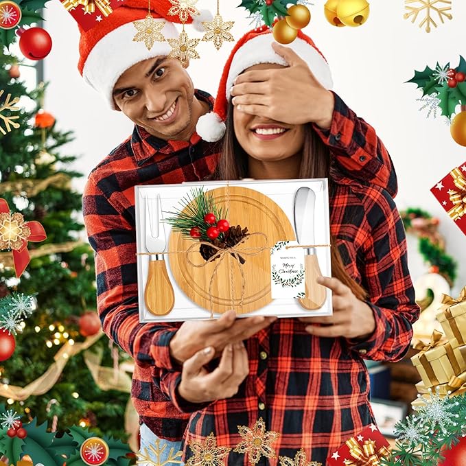 12Set Christmas Gifts Bamboo Round Cheese Board Set Cheese Knives Mini Cutting Board Set Cheese Board Gift Set Christmas Tags and Boxes Christmas Party Birthday