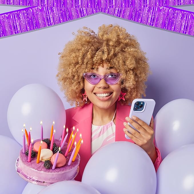 10 Pack 10 Feet Purple Foil Fringe Garland Metallic Tinsel Streamers Banner Wall Hanging Curtain Backdrop for Parade Floats, Bachelorette, Wedding, Birthday, Halloween, Christmas Party Decorations