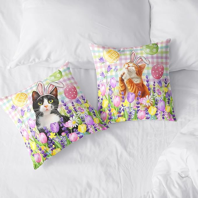 Spring Easter Pillow Covers 20x20 Set of 2 Lovely Cow Cat and Ginger Cat Wearing Bunny Ears Throw Pillow Covers Tulip Floral Pillow Case for Easter Decoration Sofa Patio Garden