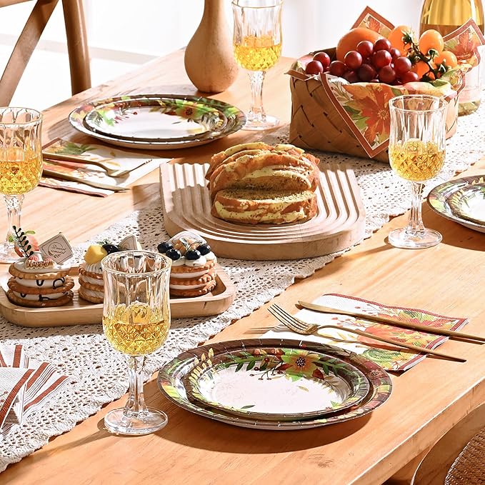 Homlouue 200 Pcs Fall Paper Plates and Napkins, Thanksgiving Plates and Napkins Sets, Fall Pumpkins Plate Disposable Party Supplies, Heavy Duty Thanksgiving Paper Plate Disposable (9" & 7" Plates)
