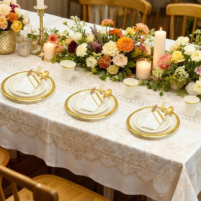 AIRE 350PCS White Gold Paper Plates Party Supplies Dinnerware Sets for 50 Guests, Disposable Paper Party Plates Napkins, Gold Plastic Forks Knives Spoons Cups for Wedding Birthday BBQ Parties