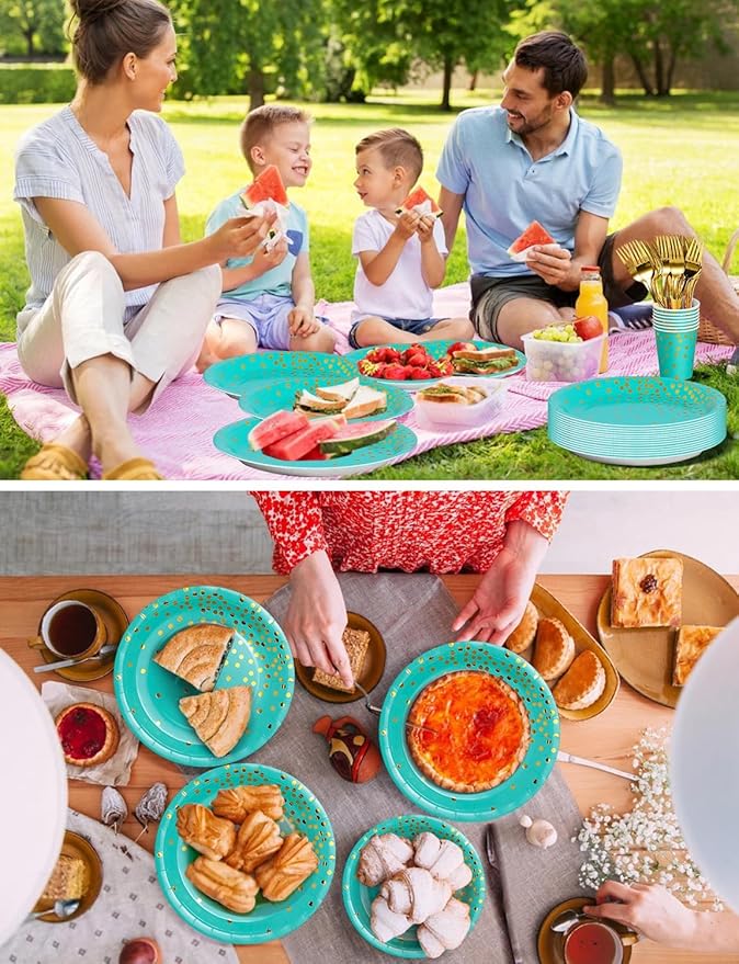 141 Pieces Blue Green and gold Party Supplies, Disposable Party Decorations Sets Include Paper Plates Napkins Cups, Plastic Forks Knives Spoons, for Baby Shower Birthday Wedding -20 Guests