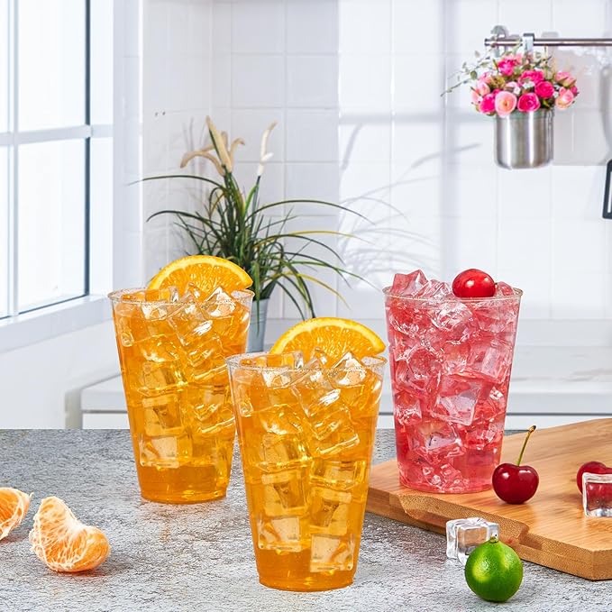 Vplus 100 Count 14 OZ Gold Glitter Heavy Duty Large Plastic Cups, Disposable Plastic Glasses Tumblers, Elegant Wedding Birthday Thanksgiving Party Cups