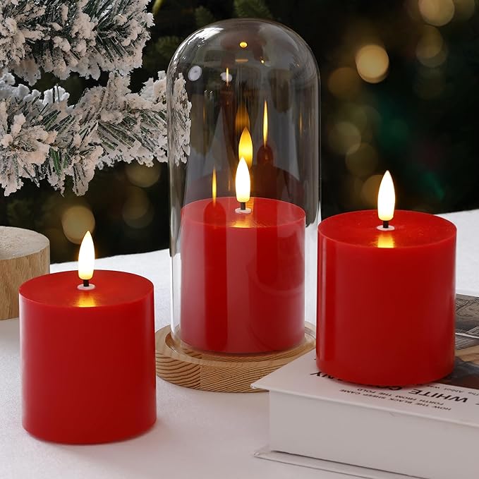 Red Flameless Pillar Candles Set of 3 (3"x3"), Battery Operated LED Candles with Timer and Remote, Real Wax Flickering Light for Christmas Decorations, Romantic Dinner or Holiday Gift