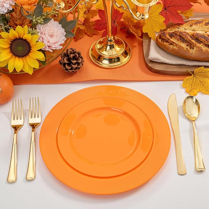 FLOWERCAT 60PCS Orange Plates - Heavy Duty Orange Plastic Plates Disposable for Thanksgiving & Halloween Party - Serve 30 Guests 10.25inch and 7.5inch