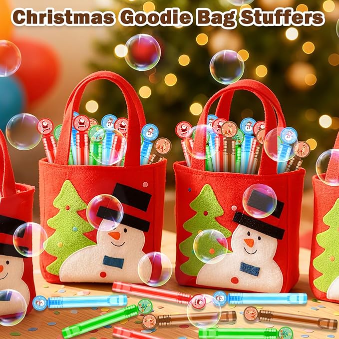 100 Pack Christmas Small Gifts Toys Prizes for Kids, Bulk Xmas Mini Bubble Wands Party Favors Accessories for Toddlers, Winter Holiday Non Candy Treats Goodie Bag Stuffers Fillers for Boys Girls