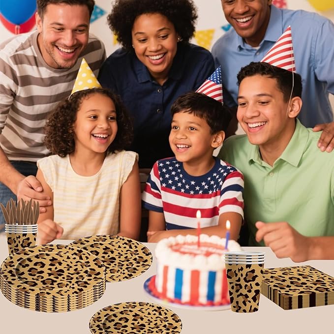 140PCS Leopard Print Party Decorations,Jungle Animal theme Decorations Include Tableware, Plate, Cup, Napkin, Cutlery, Animal Cheetah Print Birthday Party Supplies Serve 20