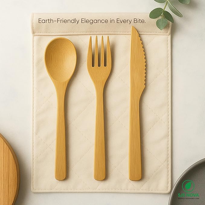 Premium Pre-Rolled Napkin and Bamboo Cutlery Set (60 Pack, 240 PCS) 100% Biodegradable, Eco-Friendly, Disposable Wrapped Cutlery - Includes Pre-Wrapped Bamboo Forks, Knives, Spoons, & Napkins