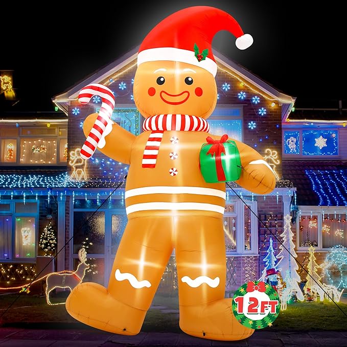 12FT Christmas Inflatables, Giant Blow Up Christmas Gingerbread Man Decorations, Lighted Up Xmas Gingerbread with Red Hat and Candy Cane, Pre-lit Christmas Archway Inflatable Decor for Yard Lawn