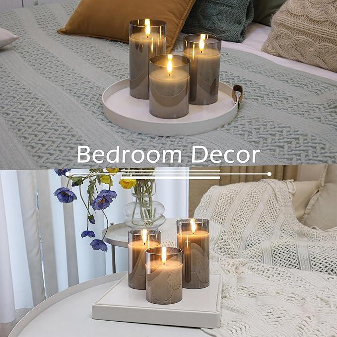 LUSHABOR Flameless Candles with Remote, 3 Pack Glass Battery Operated Candles with Timer, Real Wax Glass LED Candles Flickering Wedding Home Party Christmas D3 H4 5" 6" Grey