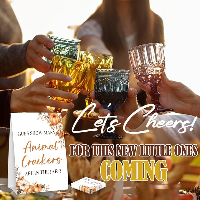 Autumn Pumpkin Guess How Many Animal Crackers - Thanksgiving Baby Shower Card Set (1 Sign With 50 Guess Cards), Fall Gender Reveal Party Favor Supplies -A05