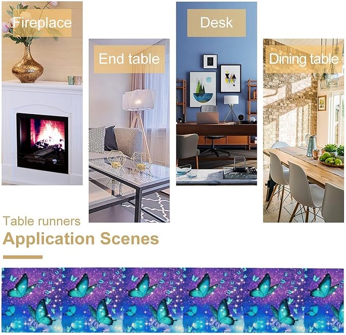 Floral Butterfly Spring Table Runner, Blue Flowers Seasonal Kitchen Dining Table Decoration for Home Party Decor 13x70 Inch