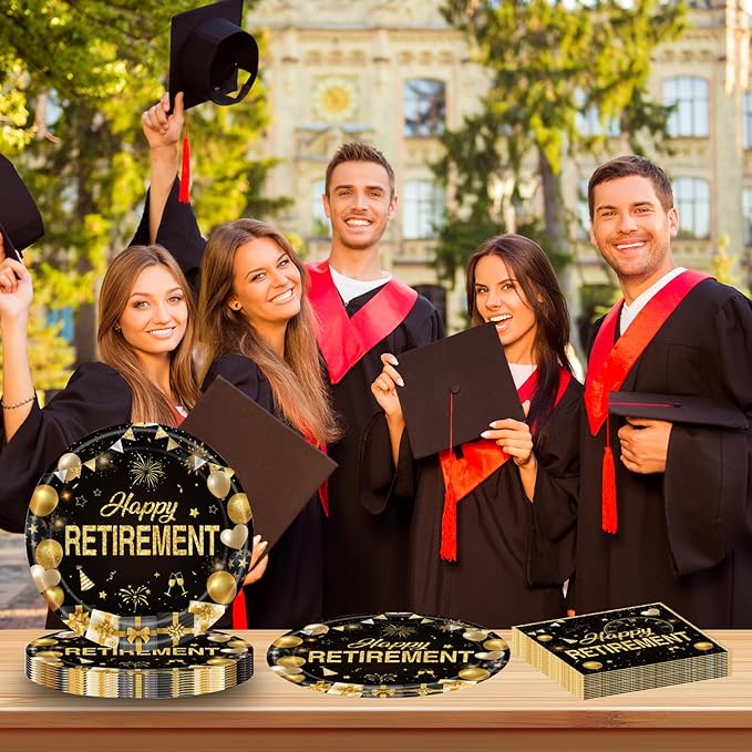 40Pcs Retirement Paper Plates and Napkins Party Supplies, Disposable Happy Retirement Decorations Party Plates Napkins Black Gold Tableware Set for Men Women