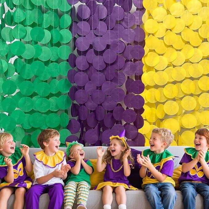205 Ft Mardi Gras Party Decorations Purple Green Yellow Circle Dot Backdrop Garland Tissue Paper Polka Dots Hanging Streamer for Mardi Gras Birthday Wedding Baby Shower Masquerade Party Supplies