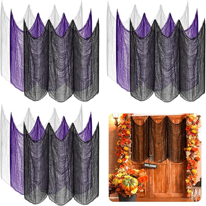 ZeeDix 9 Pack Halloween Creepy Cloth 30 x 75 Inch Spooky Scary Gauze Cloth Creepy Cheesecloth for Halloween Party Supplies Outdoor Yard Home Wall Doorways(Black, White, Purple)