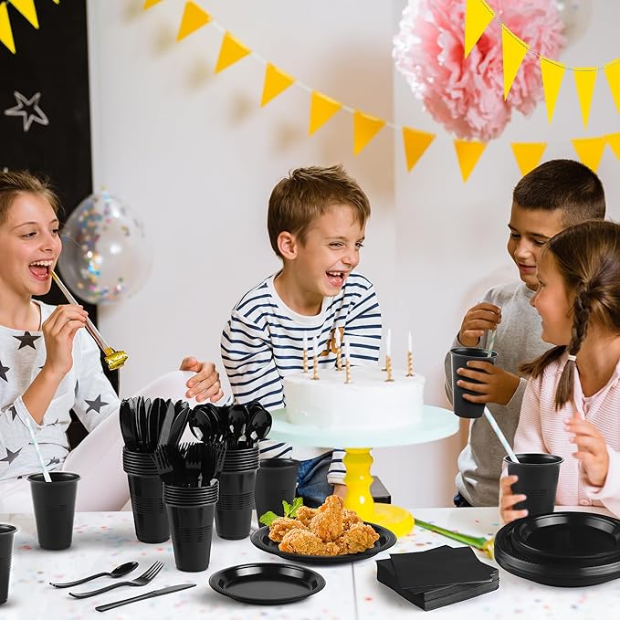 480 Pieces Black Plastic Dinnerware Set for 60 Guests Disposable Party Plates Napkins Cups and Silverware Dessert Dinner Plates for Halloween Birthday Wedding Party Supplies