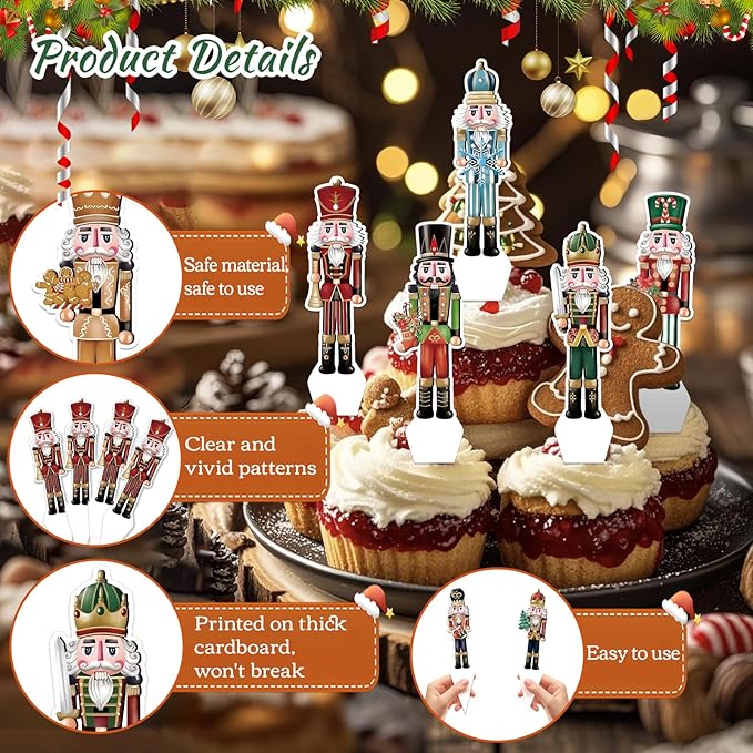 48 PCS Christmas Nutcracker Happy Birthday Cupcake Toppers Christmas Theme Party Decorations Cake Decorations Cupcake Toppers Cake Decoration Party Supplies Boys Girls Decoration