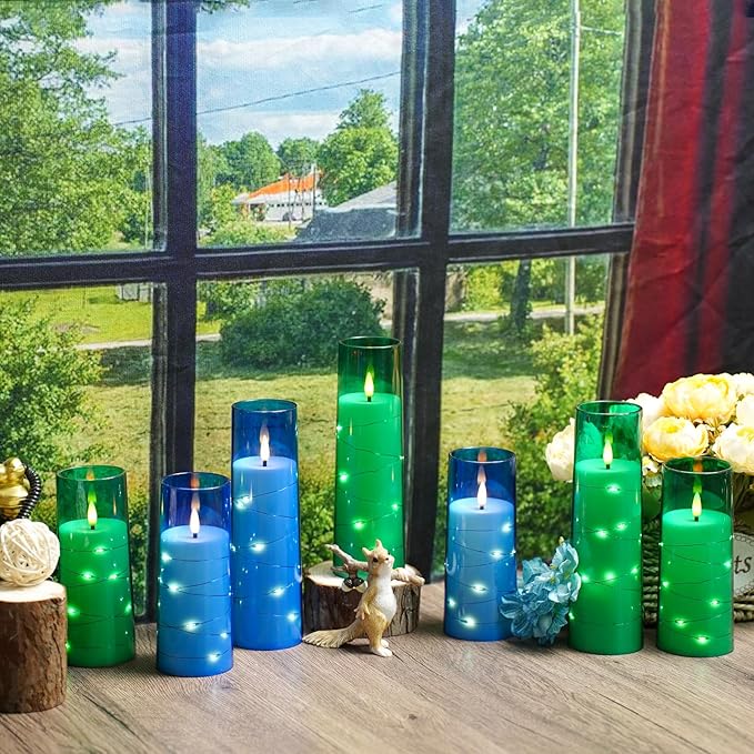 Flameless Candles,with Embedded Star String, Battery Operated Candles Flickering LED Pillar Candles with Remote Control and Timer, Home Decoration Add a Warm and Romantic Atmosphere,Set of 7 (Blue)