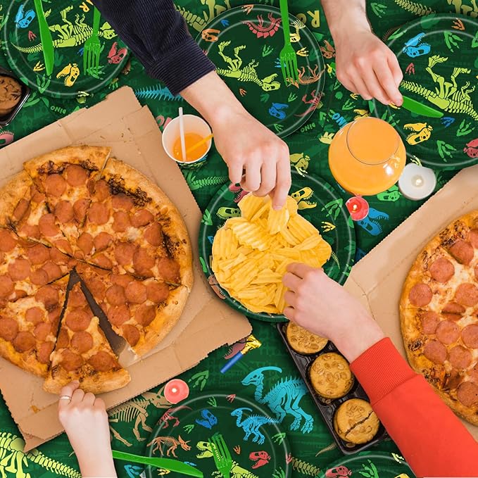 142pcs Dinosaur Party Supplies Dinosaur Theme Birthday Party Decoration Banner Includes Plates Cups Napkins Cutlery Sets, Serves 20 Guests