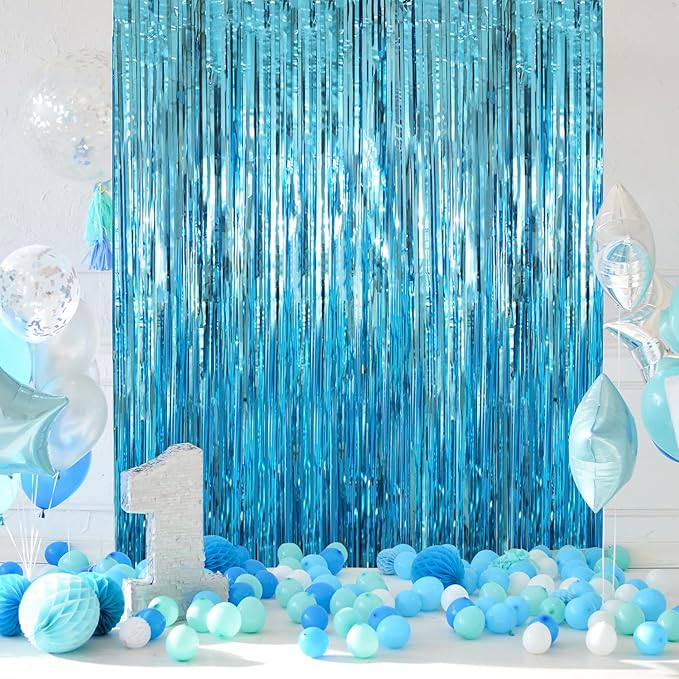 2 Pack Light Blue Tinsel Foil Fringe Curtains, Blue Party Decorations, Metallic Tinsel Party Streamers Backdrop for Birthday Baby Shower Graduation Wedding Anniversary Party Decorations