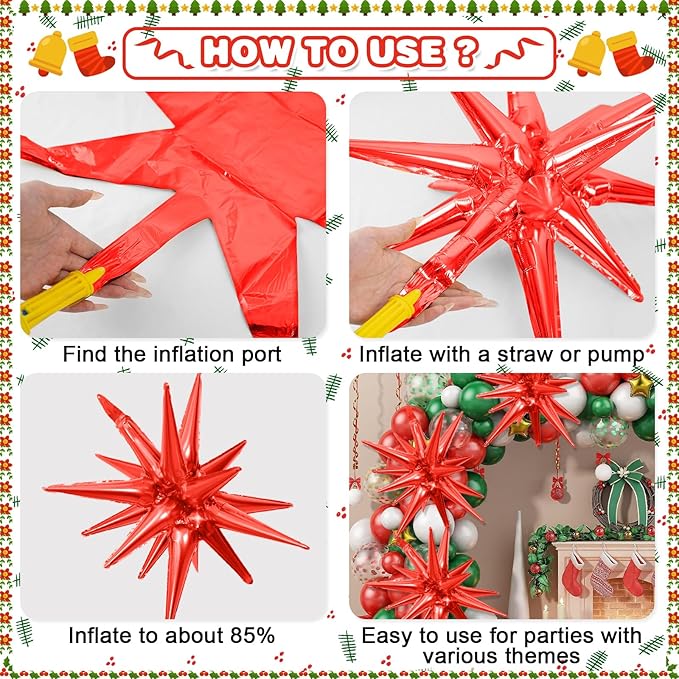 Red Green Star Balloons,Explosion Star Balloons Kit with 6Pcs 22Inch Cone Star Foil Balloons and 10Pcs 10Inch Four Pointed Star Balloons for Christmas Birthday Anniversary Party Decorations
