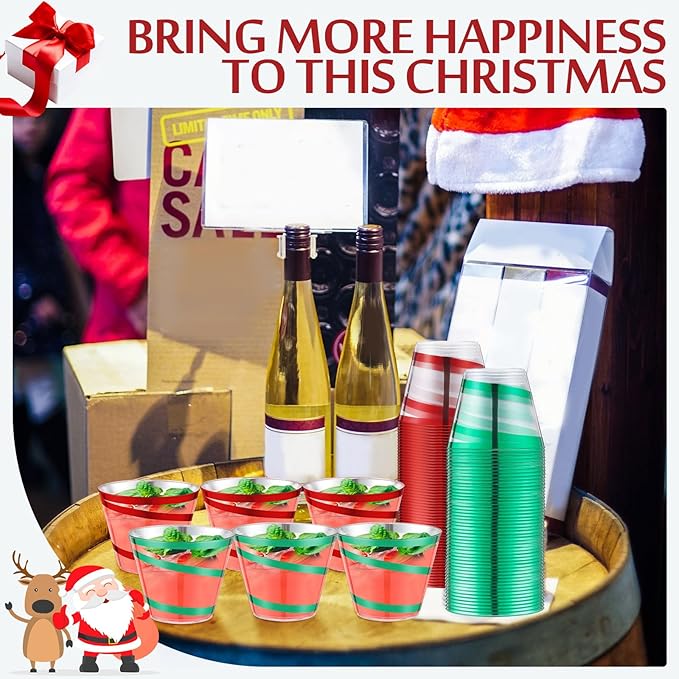 Gejoy 9 oz Rimmed Swirl Plastic Cups Disposable Wine Drinking Cups Clear Elegant Halloween Tumblers for Christmas Party Supplies(Red, Green,100 Pcs)