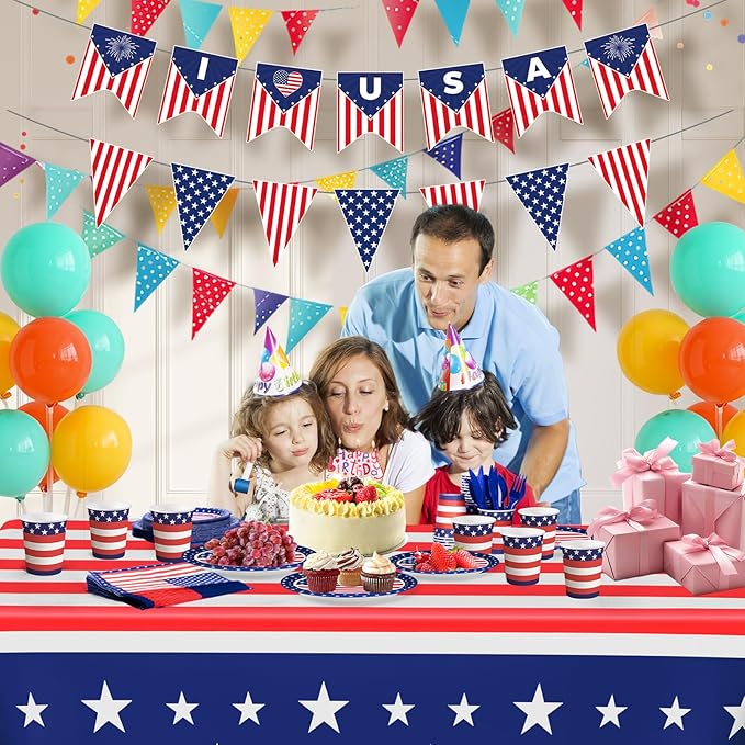 American Flag Themed Party Decorations, 170 Pcs Patriotic Party Decorations Including Banner, Plates, Cups, Napkins, Cutlery, Straws and Tablecloths, Serves 24