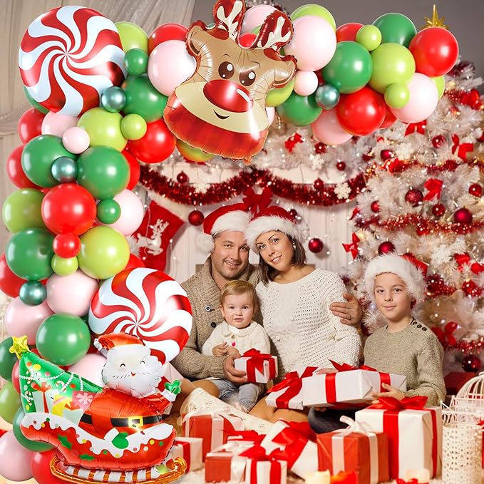 Christmas Balloon Arch Kit, Red Pink Green Christmas Balloon Garland Kit for Xmas Party Decorations, Xmas Balloon Arch Garland with Elk, Santa Claus, Windmill Foil Balloons