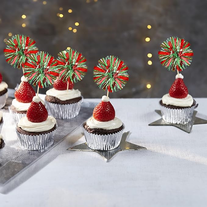 Ephlyn 30Pcs Foil Firework Cupcake Toppers Sparkle Tinsel Drink Birthday Cake Decorations Cocktail Food Fruit Toothpick for New Years Wedding Birthday Party Decorations Red Green