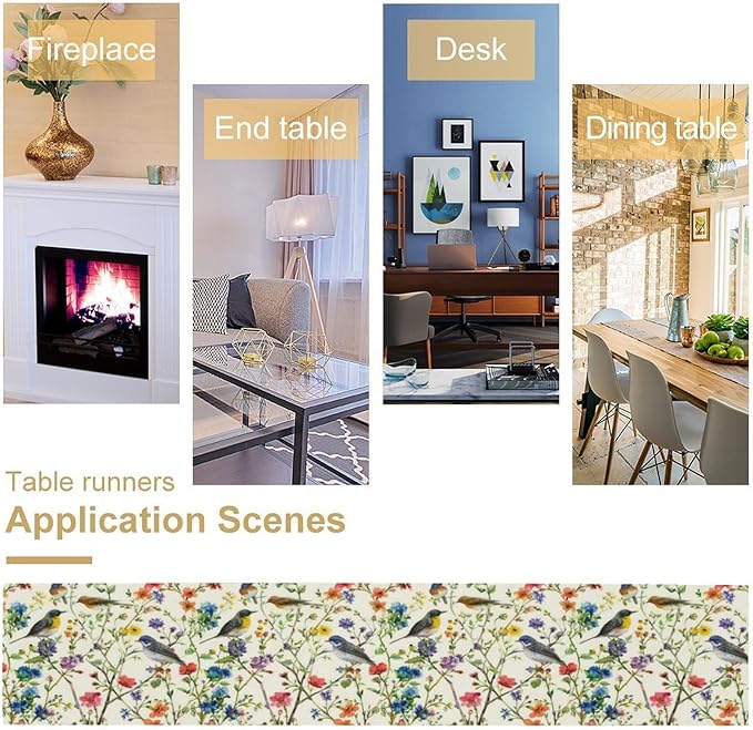 Spring Bird Floral Table Runner,Summer Birds Table Runner Burlap Table Decoration for Seasonal Home Kitchen Dining Dinner Indoor Holiday Farmhouse Decor 13x70 Inch