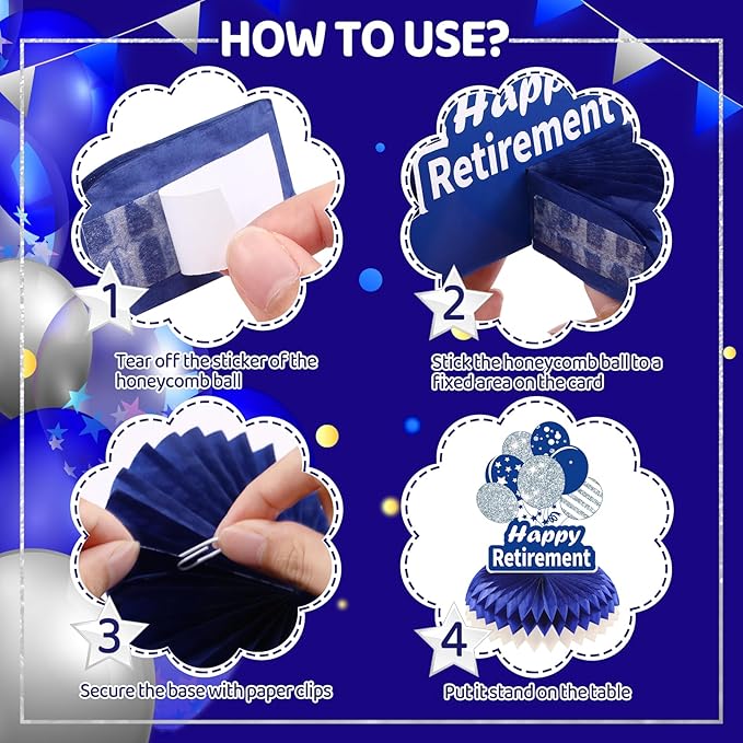 8Pcs Blue Retirement Decorations Navy Blue Silver Happy Retirement Table Honeycomb Centerpieces Farewell Table Topper Decor for Men Women Office Going Away Photo Booth Props Labor Day Party Supplies