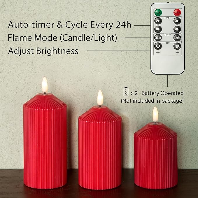 Flameless Candles with Remote, Battery Operated Candles Real Wax LED Fake Pillar Candles with Timer Flickering Flame for Wedding Home Party, Set of 3 Red