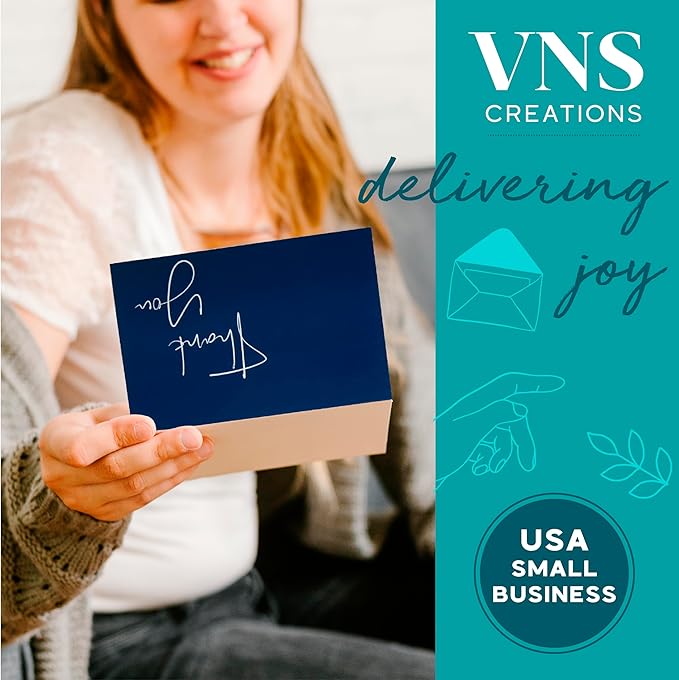 VNS Creations 20 Pack Thank You Cards With Envelopes, Stickers, 4x6 Inch Blank Thank You Notes - Bulk Box Set Large Notes for Graduation, Wedding, Small Business, Baby & Bridal Shower - Navy Blue
