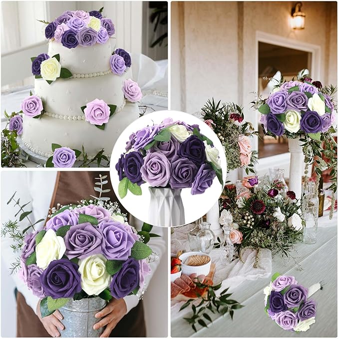 100 Pieces Artificial Foam Rose Flowers Faux Bouquet with Leaves and Stems for DIY Wedding Bouquets Centerpieces Bridal Shower Party Valentine Home Decorations(Shades of Lavender)
