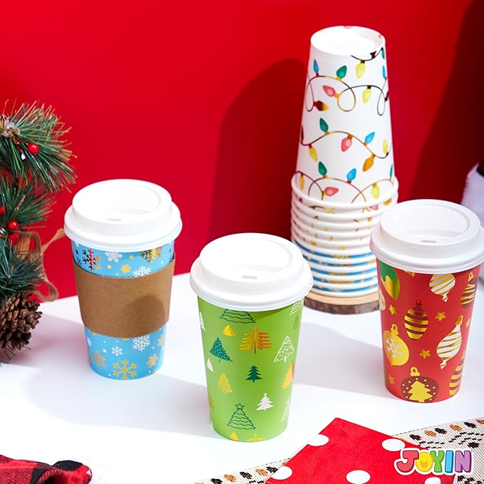 JOYIN 24 PCS Christmas Disposable Paper Cups, 16 oz Merry Christmas Party Cups With Cup Sleeves and Lids, 4 Designs Xmas Drinkware Winter Drink Cups, Tableware Holiday Supplies Decoration