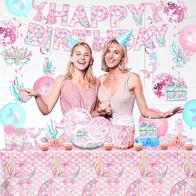 175PCS Mermaid Party Decorations, Mermaid Theme Party Supplies Plates and Napkins Set, Tableware,Banner, Hanging Swirls, Tablecloth, Balloon,Cake Cupcake Topper,Honeycomb Centerpiece Baby Shower
