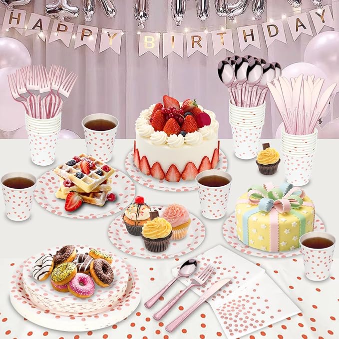 176 Pieces Rose Gold Disposable Party Dinnerware Set &Golden Dot Disposable Party Dinnerware - White Paper Plates Napkins Cups, Gold Plastic Forks Knives Spoons (25 Guests,176 Pieces)