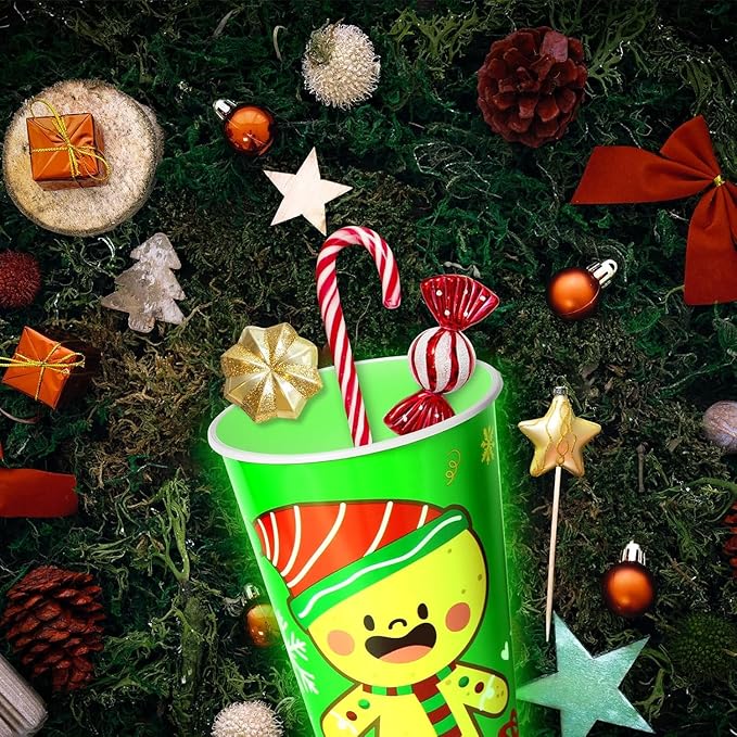 24 Sets Christmas Party Cups for Kids, 16OZ Glow Christmas Plastic Cup for Holiday Movie Night Party Favors Supplies Decorations, Holiday Decor
