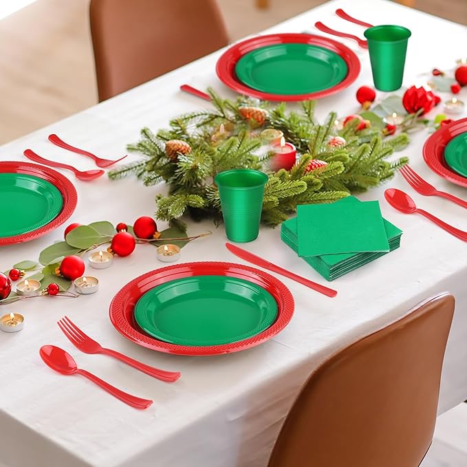 240 Pieces Christmas Plastic Dinnerware Set Disposable Party Plates Napkins Cups and Silverware Dessert Dinner Plates for Birthday Wedding Party Supplies, Serves 30 Guests, Red and Green