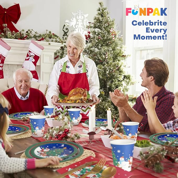Christmas Paper Plates Disposable w/Napkins Cups & Cutlery, 50 Serves Santa Dinner Plates Sets, Heavy Duty Christmas Plates Disposable Supplies for Family, Winter Holiday Party Decrorations 175 pcs