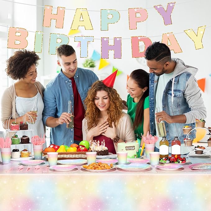 Teling 172 Pcs Rainbow Birthday Decorations, Pastel Rainbow Plates, Birthday Plates and Napkins Serves 24, Disposable Paper Tablecloth Cups Fork Happy Banner for Baby Shower Easter Party Decoration
