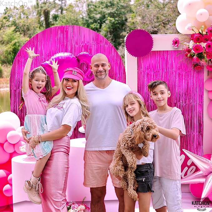 KatchOn, XtraLarge Hot Pink Fringe Backdrop - 3.2x8 Ft, Pack of 2 | Hot Pink Streamers Backdrop for Valentines Decoration | Foil Fringe Curtains for New Years Decorations, Pink Christmas Decorations