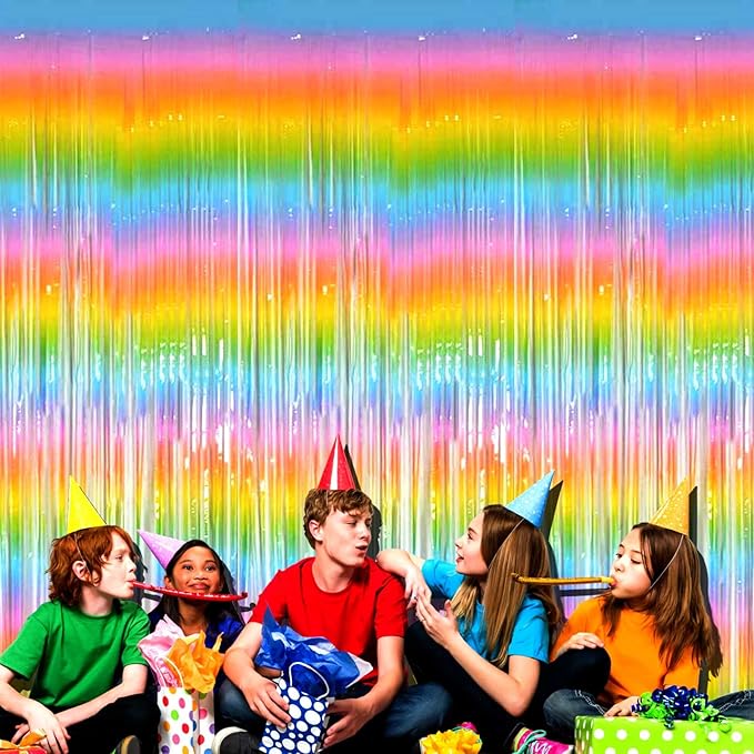 4 Pack Macaron Rainbow Foil Fringe Curtain Backdrop, 3.28Ft x 8.2Ft Metallic Tinsel Foil Fringe Streamer Curtains for Photo Booth, Birthday, Wedding, New Year’s, Easter Decorations Party Supplies