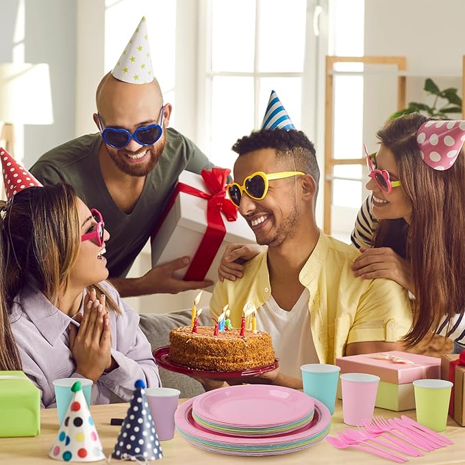 durony 192 Pcs Pastel Party Supplies Paper Plates Cups Napkins Macaron Color Pink Cutlery Plastic Forks Knives Spoons Disposable Tableware for Birthday Baby Shower Wedding Decorations Serve 24 Guests