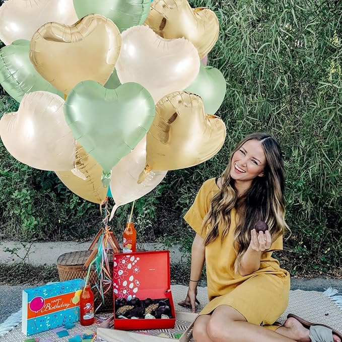 TONIFUL 15Pcs Sage Green Gold Heart Balloons 18 Inch Green Cream White Heart Shape Foil Mylar Balloons Decoration for Jungle Woodland Birthday Party Baby Shower Supplies